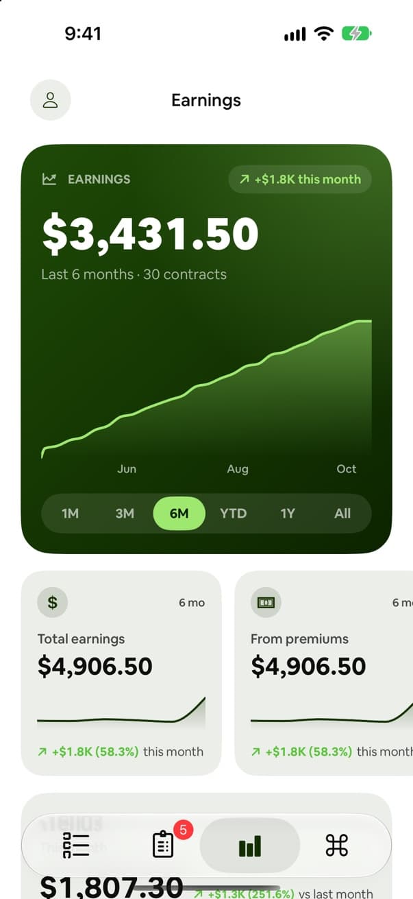 Earnings tab with a six-month earnings chart